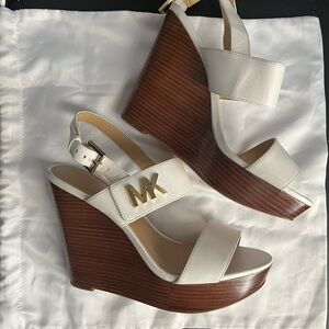 Michael Kors White and Brown Wedge Sandals with Crisscross Straps